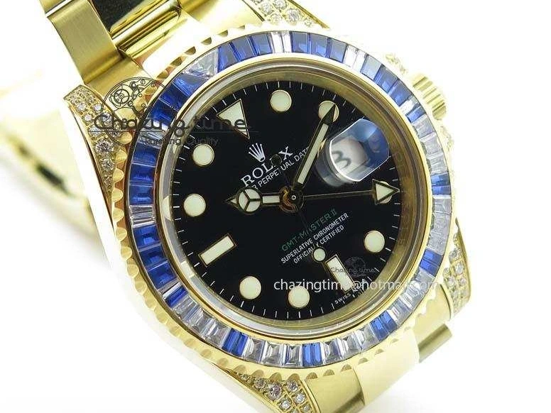 0414 GMT-Master II 116759 YG Bp-Maker Blue Ruby Crystal Bezel Black Dial On YG Bracelet A NewStyle 3775